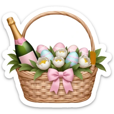 White Picnic basket with light pink bow, white peonies, pink easter eggs and one pink champage bottle inside sticker