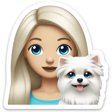 White Brunette girl with blue eyes holding a white pomeranian  sticker