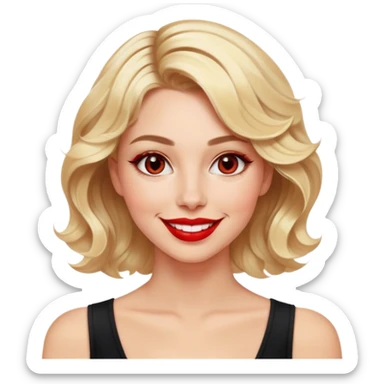 Create an emoji of a stylish blonde woman with short wavy hair and a bright smile. She is wearing a black fitted top with a deep neckline. Her lips are painted red, and her eyes shine with confidence. The emoji should capture her elegance and warmth. sticker