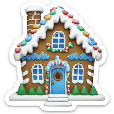 A blue and white gingerbread house sticker