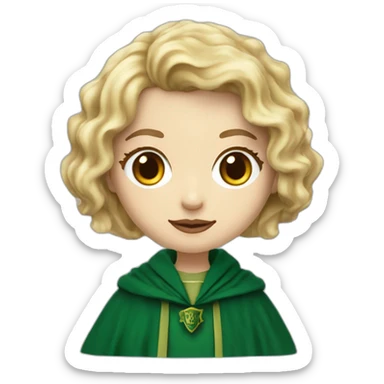 Blue eyes Slytherin girl with short wavy ash blonde hair eating chips and cheese hogwarts robe sticker