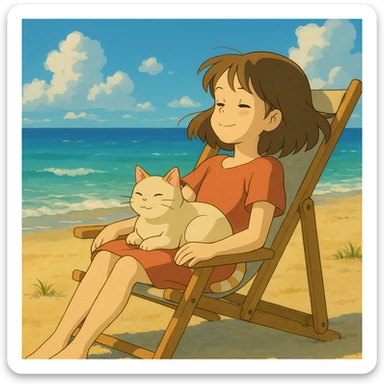 girl and her cat on the beach, sitting in a chair under the sun, ghibli style sticker