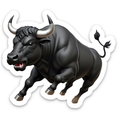 ​Cinematic Realistic Black Charging Bull, depicted in mid-charge with a powerful, muscular form and glossy black hide glistening under dynamic dramatic lighting, dust and motion captured mid-air to exude raw strength and unbridled energy on an expansive arena, sticker