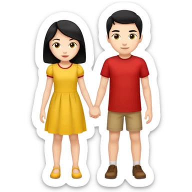 a boy with black hair and red shirt is between the legs of a girl with black hair and yellow dress sticker