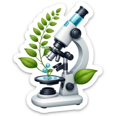 An icon featuring a microscope, a DNA strand, and plant leaves, symbolizing biology. The design includes cells, a test tube with a plant sample, representing life sciences, ecosystems, and the study of organisms. Transparent background highlights the exploration of living systems. sticker