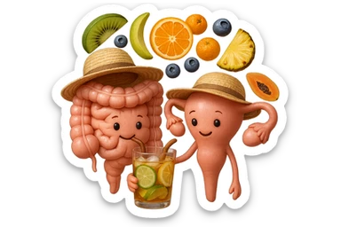 EMOJI STILE IPHONE DI INTESTINO E UTERO UMANI REALISTICI CON CAPPELLO DI PAGLIA DA SPIAGGIA CHE BEVE UN Tè FREDDO IN BICCHIERE DI VETRO CON DENTRO  fette di cetriolo, limone, lime, DIETRO L'INTESTINO FLUTTUANO PEZZETTI DI Kiwi
Banana acerba
Arance e mandarini
Mirtilli
Ananas
Papaya
IPERREALISTICO 4K sticker