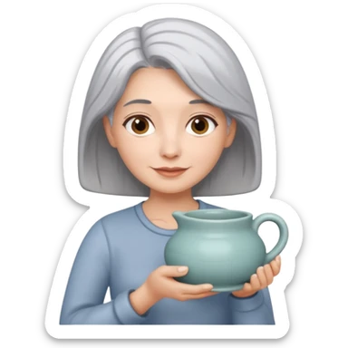 Woman with grey hair with ceramics sticker