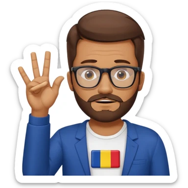 A brown-haired man with a designer stubble beard and rectangle glasses. He shrugs in a "I don't know" gesture, In the background the Romania flag. sticker