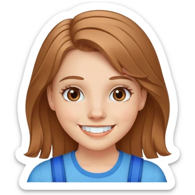 white girl with light brown hair and hazel eyes smiling with blue braces sticker