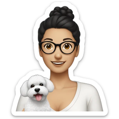 woman-black hair-bun-with glasses-with bichon dog-white-smile sticker