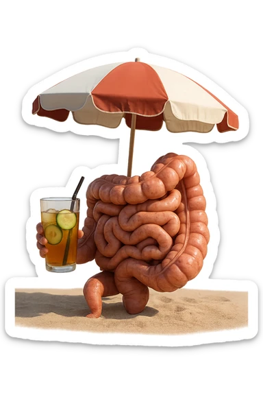 INTESTINO SEDUTO IN SPIAGGIA SOTTO L'OMBRELLONE MENTRE BEVE THè FREDDO CON CETRIOLO
IPERREALISTICO 4K sticker