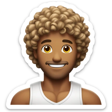 An emoji of a muscular man with curly hair, displaying a confident pose and a friendly smile sticker