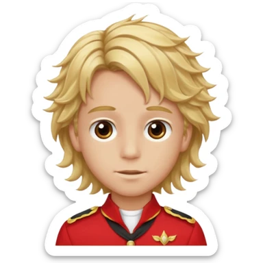 SARI SAÇLI SAÇININ YARISI SOLA DOĞRU DİĞERİNİN SAĞ TARAFTA AMA DÜZ DURAN KAHVERENGİ GÖZLÜ UZUN KİRPİKLİ BUĞDAY RENKLİ KIRMIZI ÜNİFORMALI BİR ERKEK ÇOCUK sticker