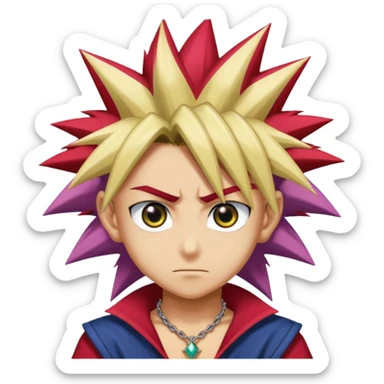 Yugi from Yu-Gi-Oh as an emoji, spiky tri-color hair, large expressive eyes, iconic Millennium Puzzle necklace, confident expression sticker