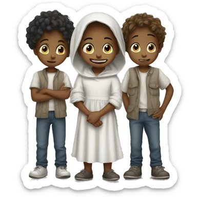 Four kids, three boys one girl, crying, wearing rags, white  sticker