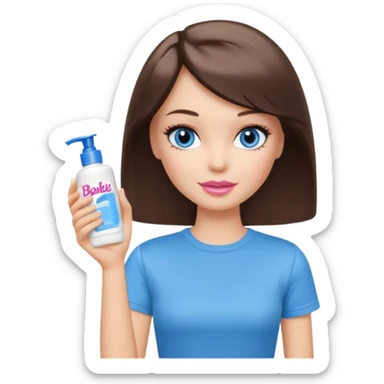 Barbie girl with makeup, blue eyes , and bob long haircut, short brown hair in creamy color T-shirt, holding a facial Wash Cream in her hand sticker