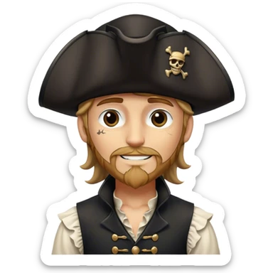 A kindhearted pirate in a black ruffled shirt, black waistcoat, and an ornate black hat, his friendly gaze welcoming sticker