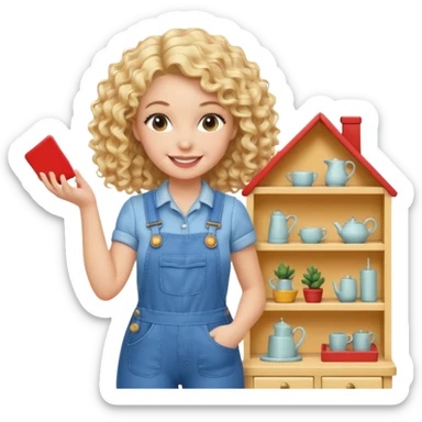 smiling blonde curly woman arranging furniture in doll house with overalls sticker