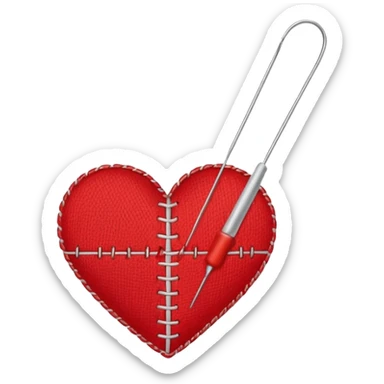 Heart stitched mid-sew, needle still pulling thread sticker