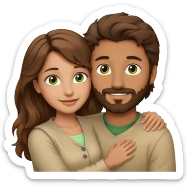 a man with short brown hair and brown beard with brown eyes and a girl with long brown wavy hair with green eyes, togheter. Beige clothes, hugged each other sticker