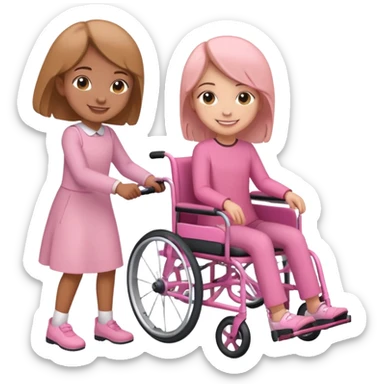 One light brown sister pushing her brown sister in a pink wheelchair sticker