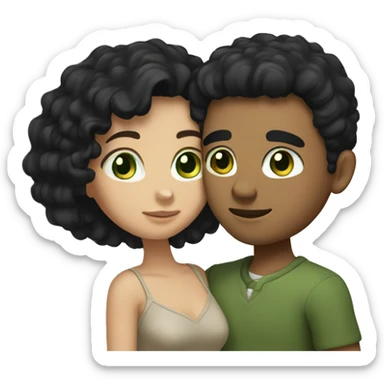 Couple hugging, he has green eyes short curly black hair she has brown eyes medium long straight black hair sticker