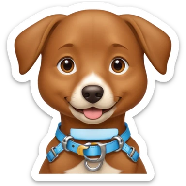 A friendly brown dog sitting upright with its tongue out and ears relaxed. The dog wears a tan harness and collar, giving a trained, service-dog look. Its expression is happy and attentive, with bright eyes and a slightly open mouth. sticker