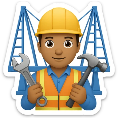 Add construction tools like a wrench and hammer to the civil engineer building a bridge in the style of apple emojis with no background. sticker