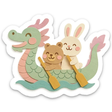 chubby dragon boat with cute animal rowers paddling joyfully, pastel tones, festive background, paper-craft style sticker
