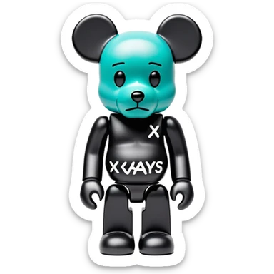 Bearbrick figure with signature KAWS X eyes, simplified toy bear shape with articulated limbs sticker