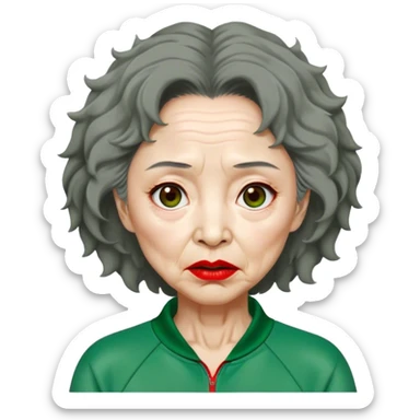 Han Mi-nyeo: Age Late 80s
Appearance: A crazy woman with many wrinkles face, frizzy, very messy dark brown hair and dramatic red lipstick.
Outfit: Green player tracksuit sticker