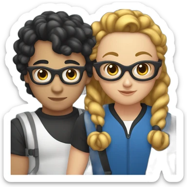  a white Boy with black hair and curlers, and with glasses on, and a white girl with long brown hair wearing a blue diver hugging each other sticker