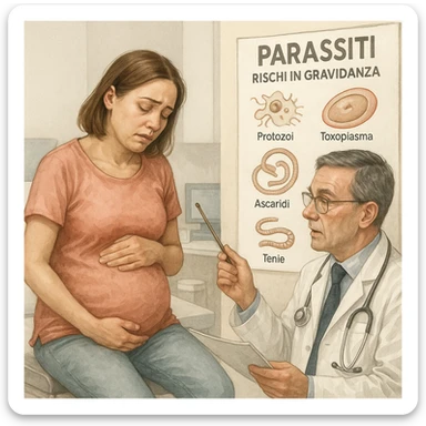 realistic medical illustration of a pregnant woman sitting in a medical office, looking tired with one hand on her abdomen, a doctor showing a stylized diagram of parasites and explaining the risks during pregnancy, educational tone, respectful details, labels in Italian sticker