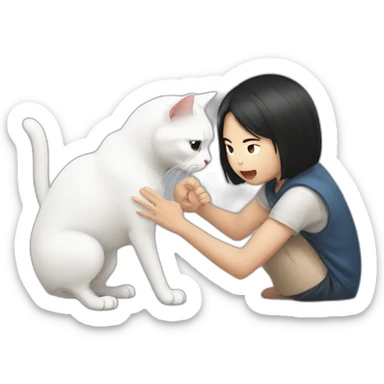 asian girl and boy fighting over a white cat sticker