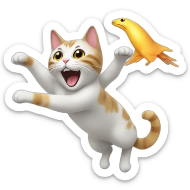 Cat flying like a bird in the space with an dancing alien sticker