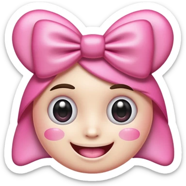 surreal and kawaii emoji face with huge sparkling cartoon eyes, a wide realistic human smile with perfect teeth, pink cheeks, and a big pink bow on its head. The background is transparent. Above the head, the text "kawowiwo-wiwi" is written in a playful, handwritten font sticker