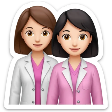 cientificas con blusa rosa y bata blanca felices, una chica con pelo marrón y otra chica con pelo negro sticker