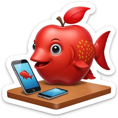 emoji stile apple di un pesce su un banco scolastico che gioca con il telefono perché si sta annoiando  sticker