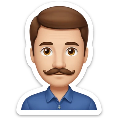 portrait of a brown-haired male with a mustache sticker