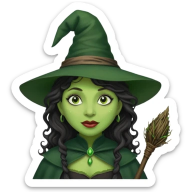 elphaba the wicked witch from wicked movie (cynthia erivo) dark long curly hair, thick lips, green skins, witch hat, witch broom, evil, wicked musical film  sticker