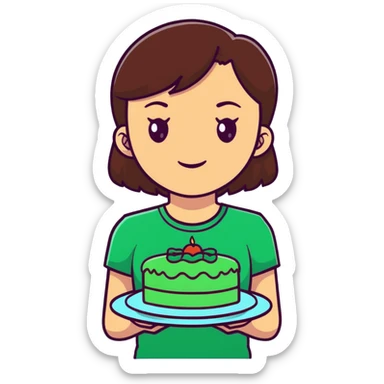 Young women with dark-brown hair and brown eyes in green t-shirt holding green cake on the plate sticker