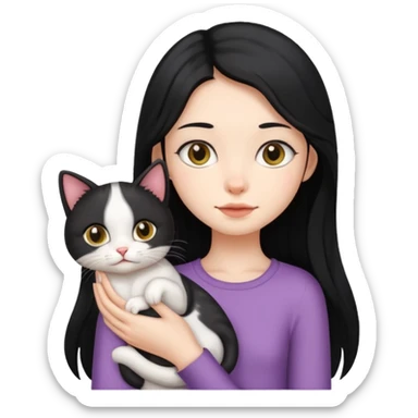 skinny girl with long black hair holding a cute cat sticker