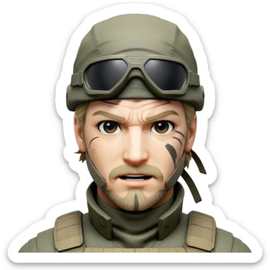 Cinematic Realistic Metal Gear Solid Snake Soldier Portrait, head tilted dramatically with an exaggeratedly amused expression, blending stealthy seriousness with a touch of unexpected humor. His rugged features, set against intricately detailed tactical gear in muted earth tones, are rendered with lifelike texture and dynamic lighting, high shine, dramatic yet whimsical, capturing the essence of a soldier whose epic covert skills are matched by a playful, irreverent spark. sticker