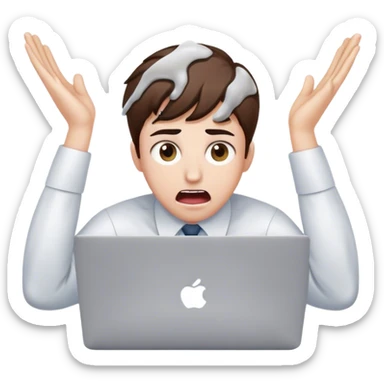 An overwhelmed office worker at a MacBook, eyes wide open, mouth agape, sweat drops flying, hands on head in panic, with white skin and brown hair sticker