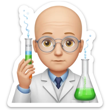 chemist emoji, bald person in a lab coat, testing chemicals in test tubes sticker