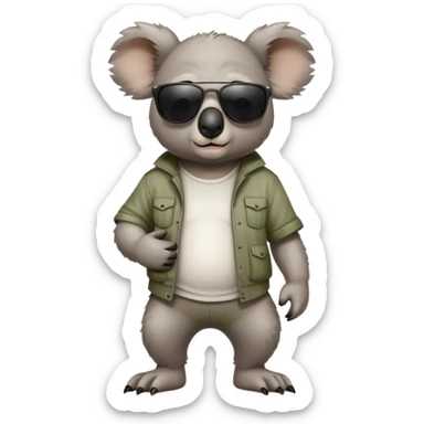 anthropomorphised koala in casual clothing, wearing dark sunglasses, walking upright, looking like a tough guy sticker