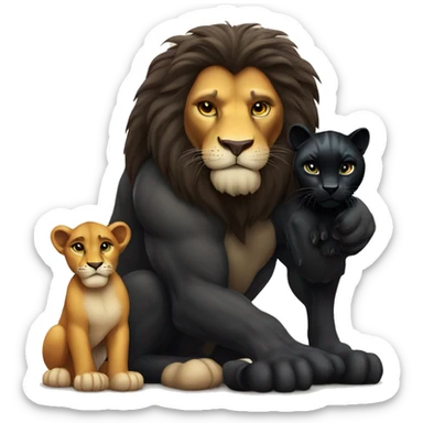 Big serious lion sitting next to a little young black panther sticker