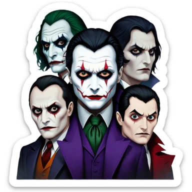 Thriller Movie Icon: A dark, intense collage with close-up images of iconic thriller characters like 1 Joker, 1 Hannibal Lecter, and 1 Vlad Dracula. The background features a moody Gotham City skyline, with shadowy figures and fog. Atmospheric, suspenseful tone. Transparent background. sticker