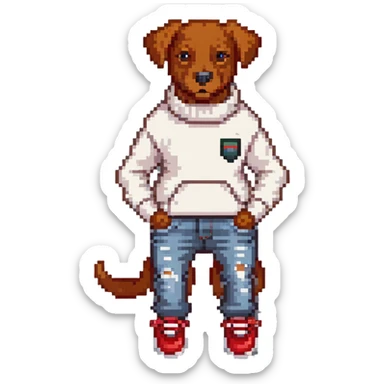 Brown dog standing upright with hands in jean pockets, wearing a white sweater and red shoes sticker