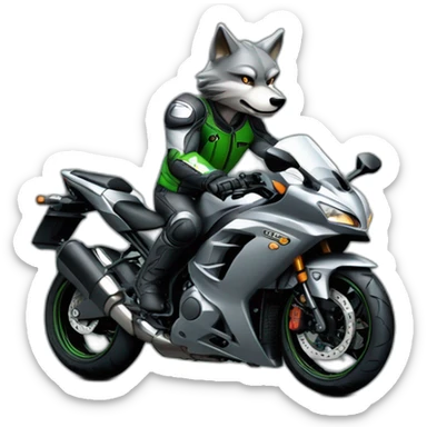 Cool grey wolf driving motorcycle Kawasaki Ninja sticker